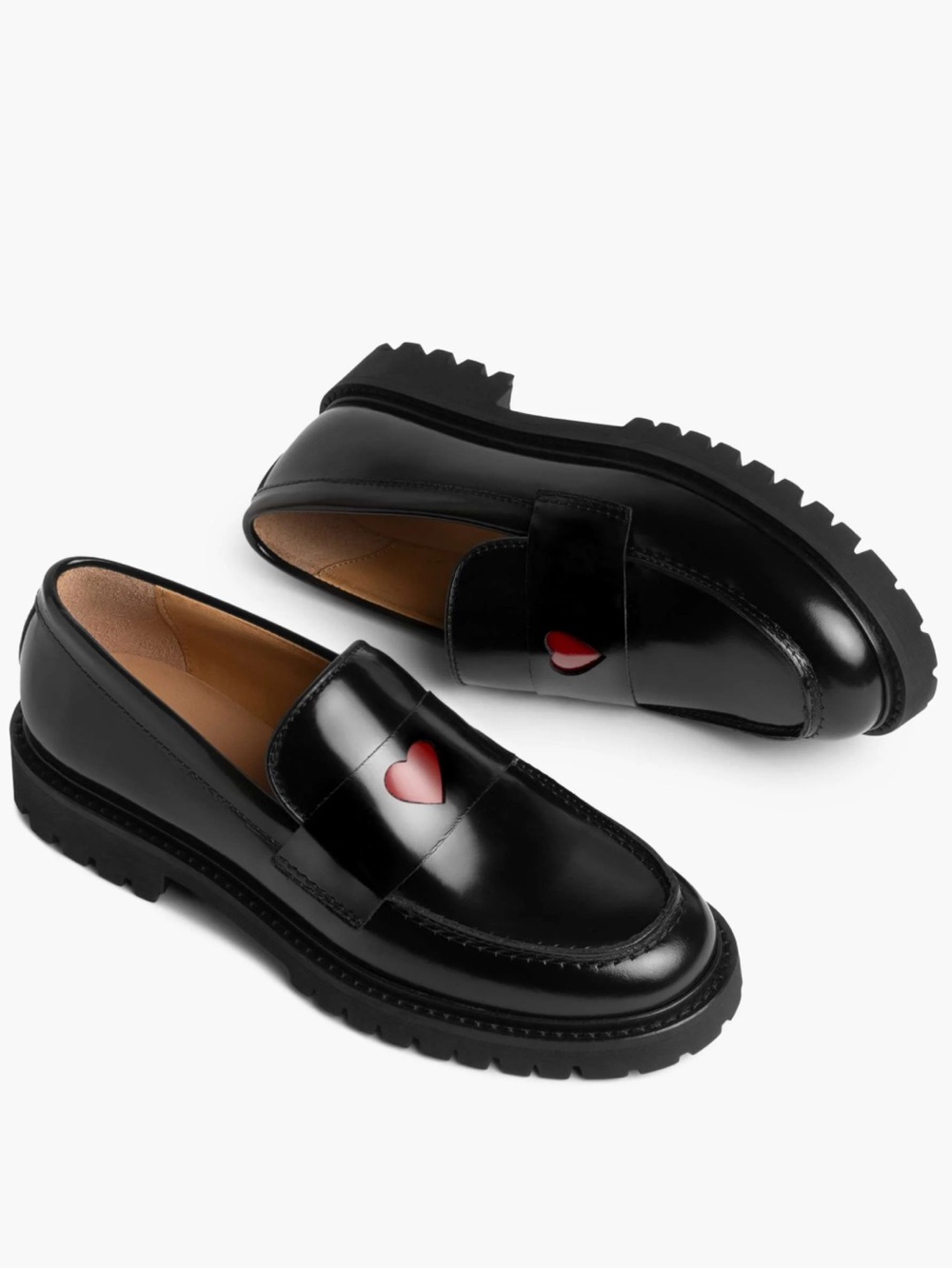 Black Men's Patent Leather Penny Loafers with Red Heart Accent